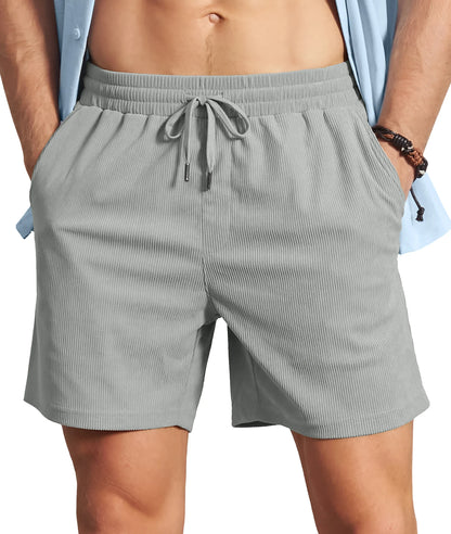 Men's Corduroy Texture Casual Shorts 6" Inseam for Summer Beach Vacation Elastic Waist Drawstring Lightweight Pockets