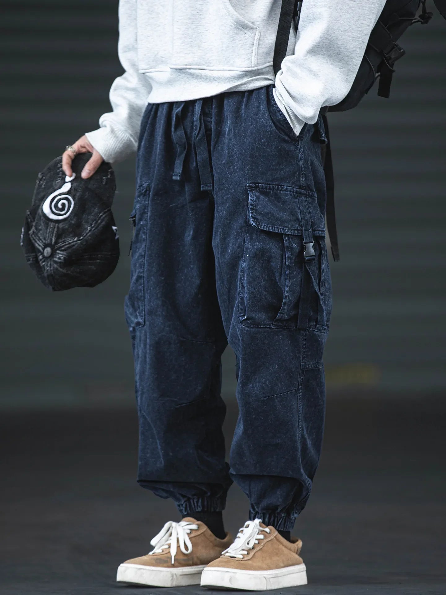 Oversized Baggy Vintage Washed Cargo Pants Men Loose Fit Drawstring Cuffed Retro American Style Streetwear Hip Hop Utility Pants