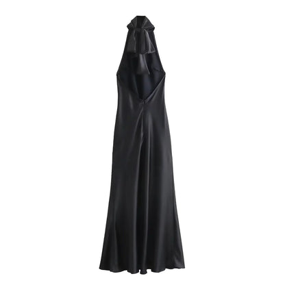 Dress for Women Fashion 2024 Autumn New Bow Sexy Backless French Elegant Halter Neck Satin Texture Midi Dresses
