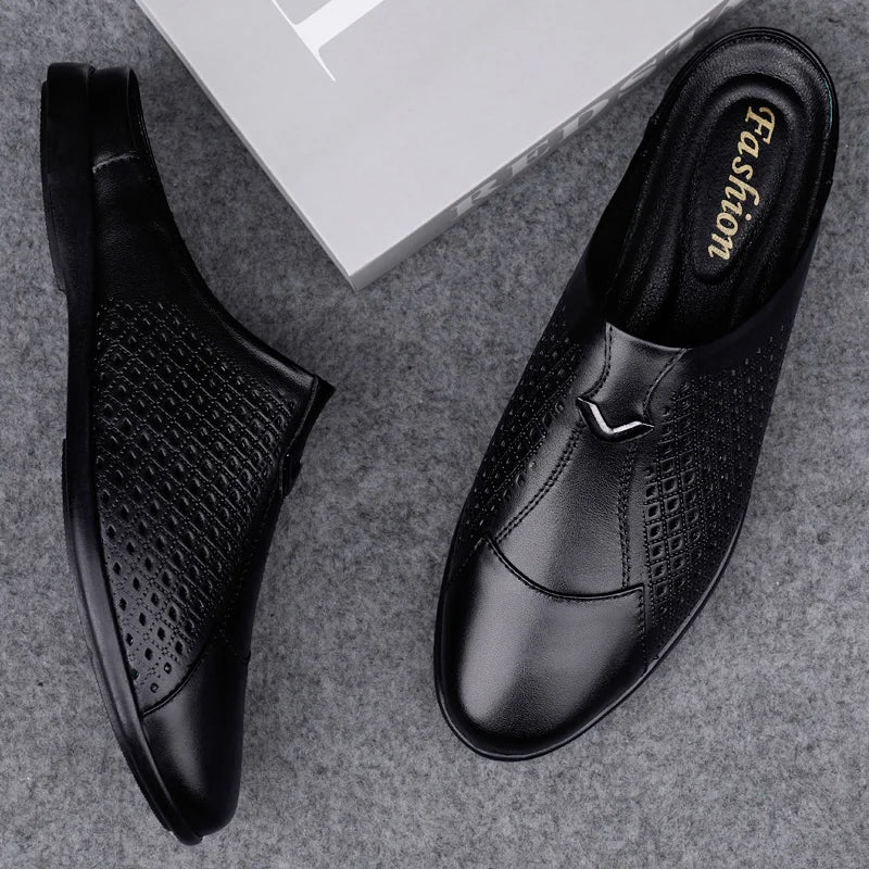 Summer Men Shoes Casual Brand Mens Penny Loafers Genuine Leather Luxury Half Slipper For Men Breathable Lazy Driving Shoes Man