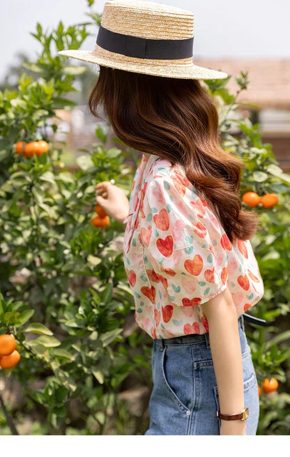 Korean Chic Fashion Women Stylish Blouses Summer French Sweet Retro Floral Polo-neck Puff Sleeves Tops MXB27C0450