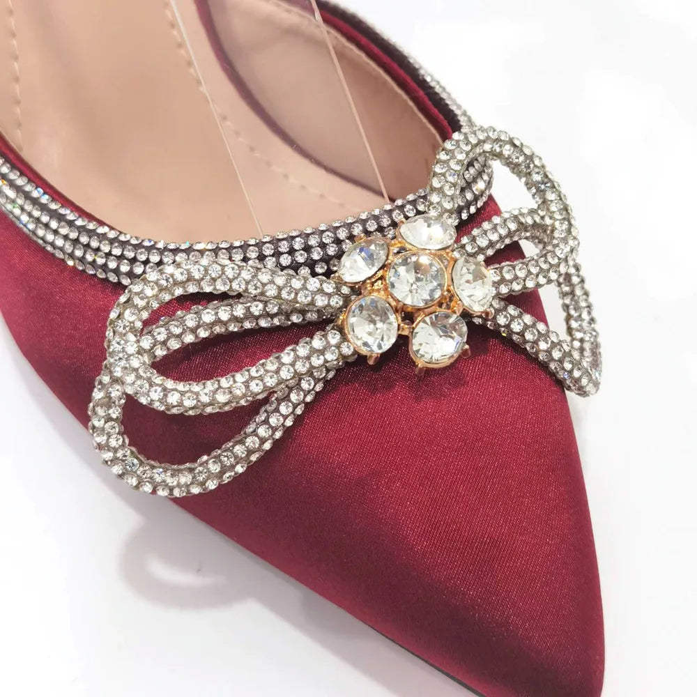 2023 Ladies Pointed-Toe Party High Heels Magenta Colour Bow Rhinestone Stereo Bag Evening  African Wedding Shoe And Bag Set