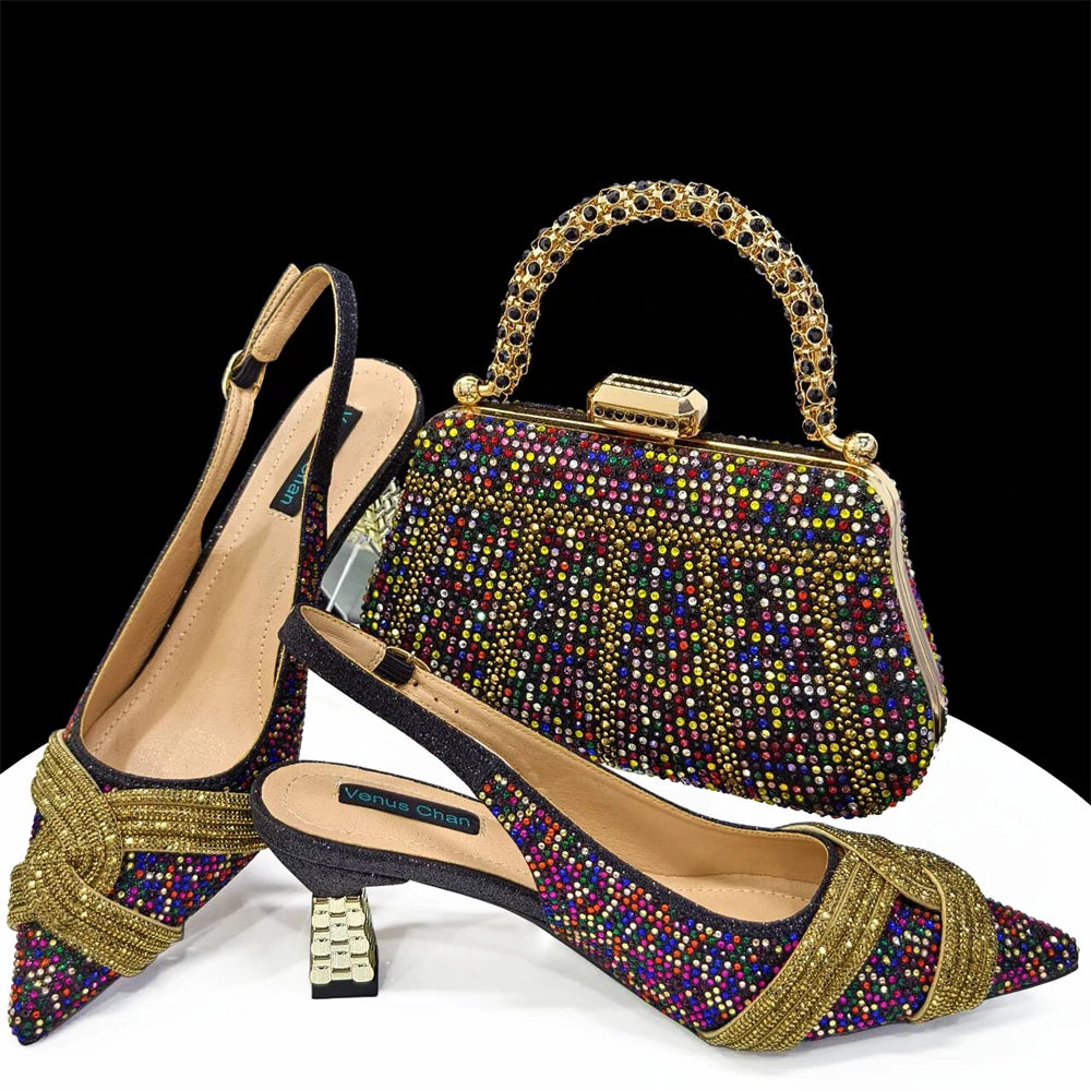 Nigerian Heel Party for Women Shoes and Bag Set Champagne Colour Rhinestone Handbag Italian Design Wedding INS 2024