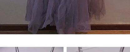 Slimming Effect Purple Mesh Ankle-Length Dress Women's plus Size Strapless Gown Korean Style High Waist A-Line Skirt