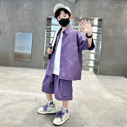 Kids New Summer Purple Suit for Boys Short Sleeve Shirt + Shorts 2 Pieces Clothes Set Children Loose Style Outfit Clothing Set