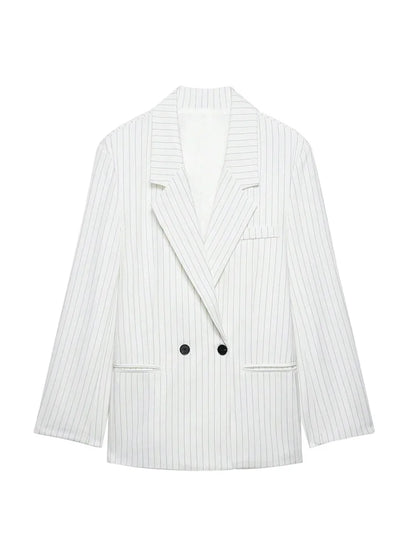 Women's Old Money Style Ovesized Striped Blazer Coat Long Sleeve Front Pockets Chic Oversize Top Female Outerwear
