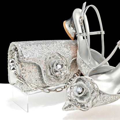 Shiny Gold Color Shoes and Bag Elegant Handbags and Medium Heel Shoes Beautiful Handmade Flowers For Wedding Party