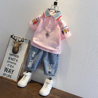 2-10 Years Kids Boys Clothes Set Summer Short Sleeve Cartoon Print Lapel T-shirt And Denim Shorts 2PCS Children Tracksuit Outfit