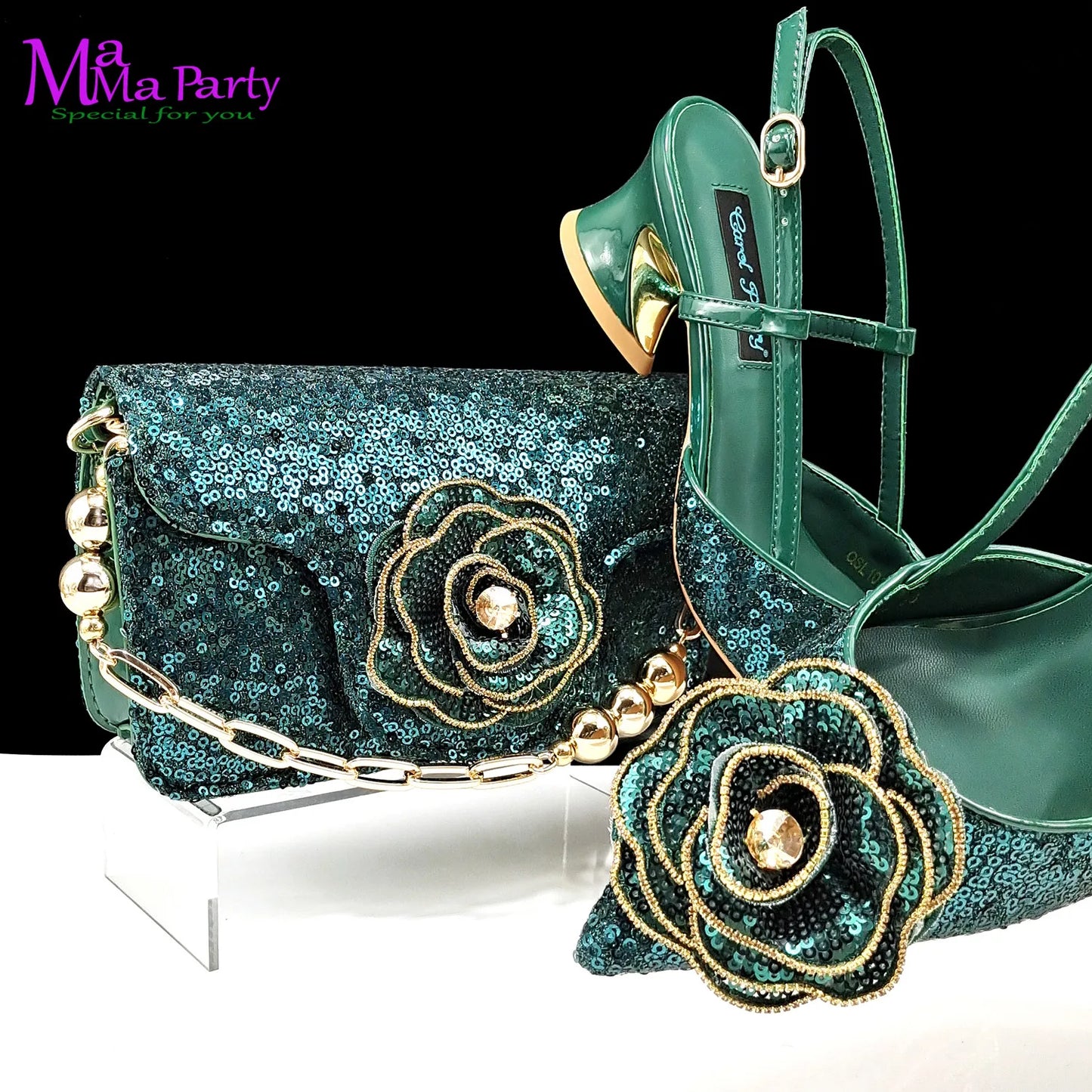 2024 Summer New Design Specials Italian Women Shoes and Bag Set in Gold Color Comfortable Heels with Appliques for Party