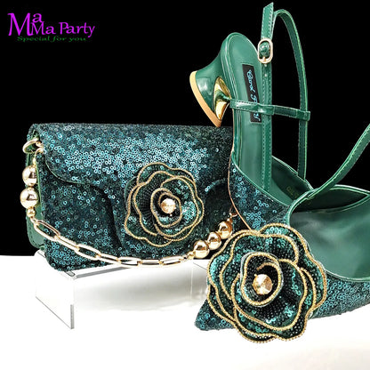 2024 Summer New Design Specials Italian Women Shoes and Bag Set in Gold Color Comfortable Heels with Appliques for Party
