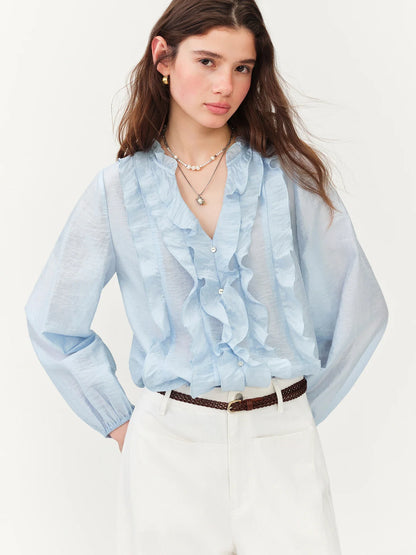 2026 Summer New Women's French Style V-Neck Ruffle Blouse Lightweight Sheer Hem Top for Coquette Vacation Chic Daily Style