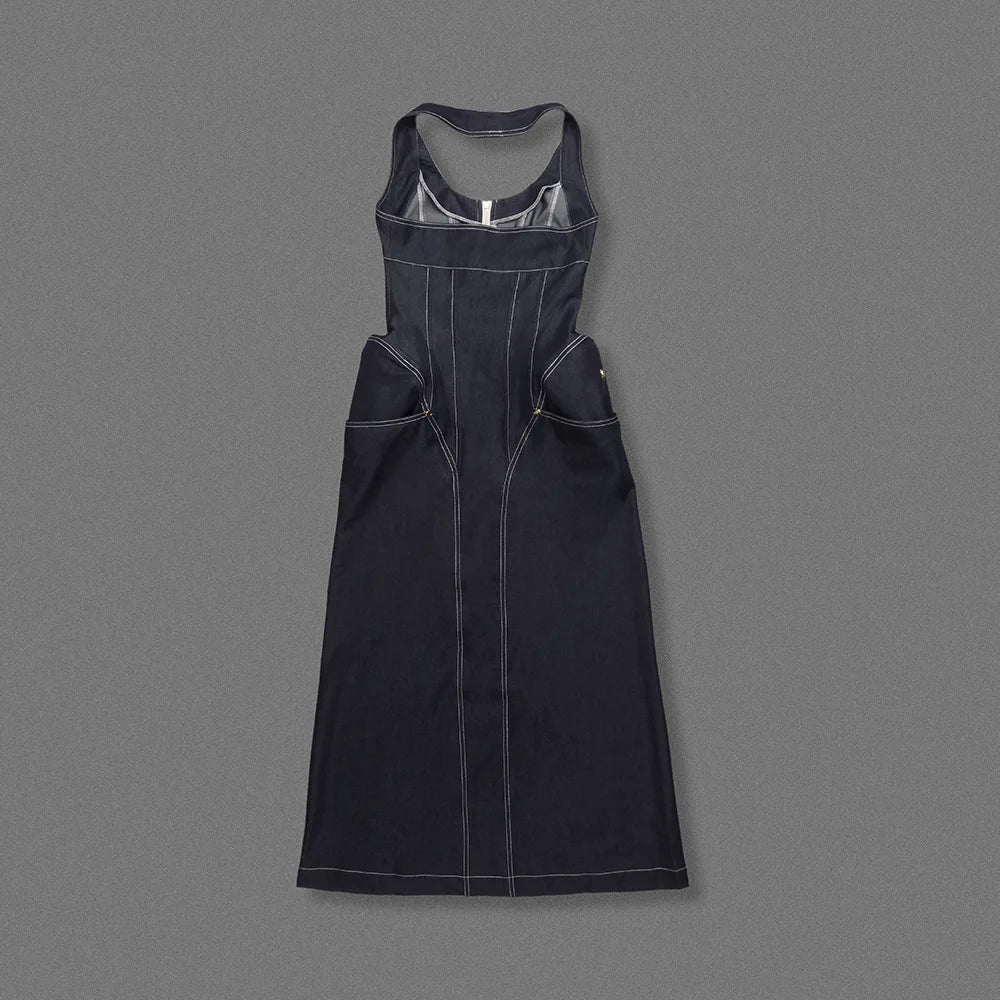 2025 New Women Celebrity Sexy Backless Halter Blue Zipper Denim Maxi Long Gowns Dress Elegant Evening Party Club Vestido