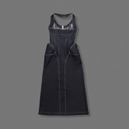 2025 New Women Celebrity Sexy Backless Halter Blue Zipper Denim Maxi Long Gowns Dress Elegant Evening Party Club Vestido