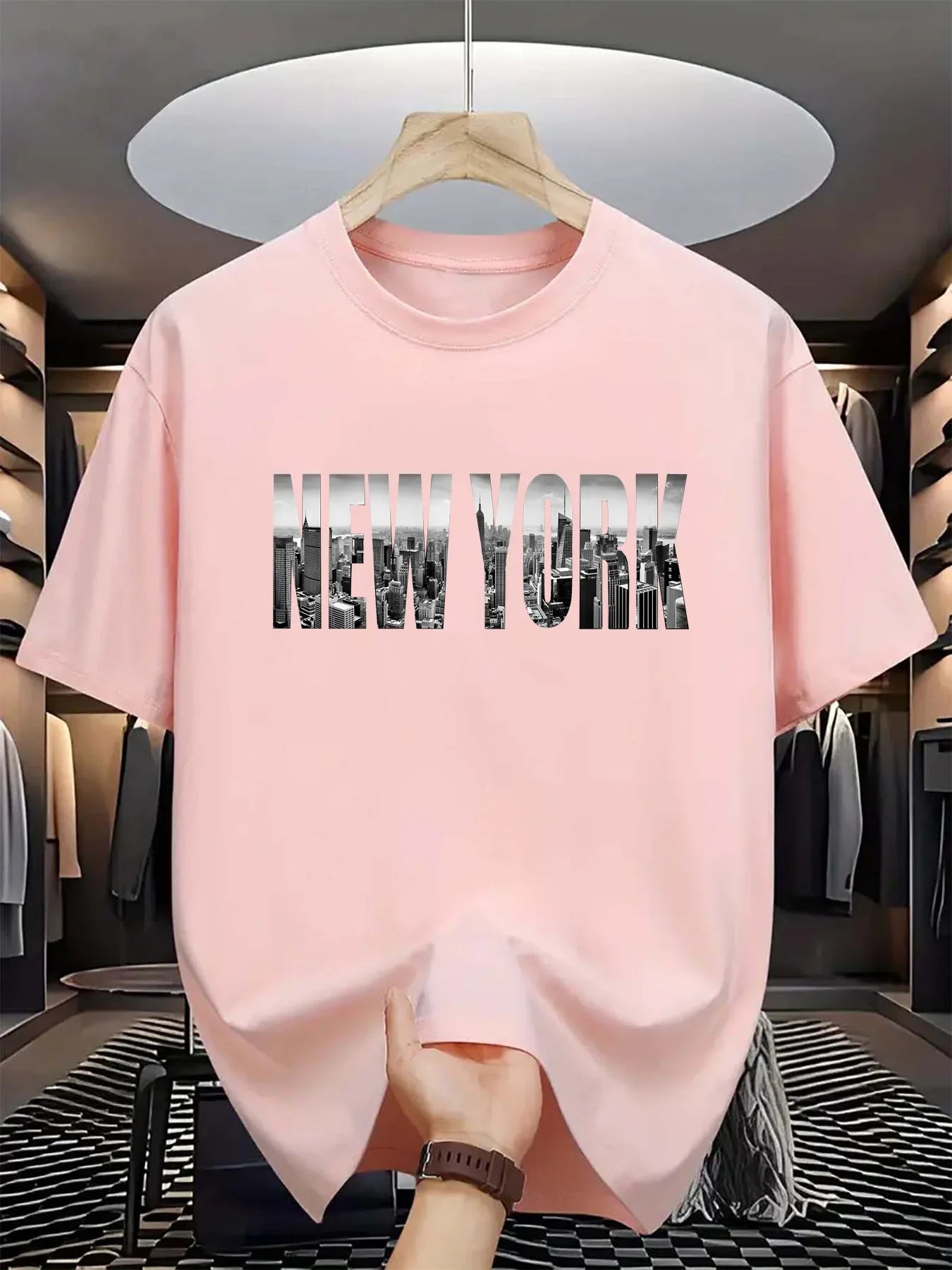 Summer men's 100% pure cotton casual loose plus size New York City printed sports comfortable round neck short sleeved T-shirt