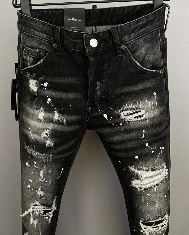 Men Jeans Denim Pants Hole Slim Pencil Trousers Metal Buttons Party Classics Fashionable Black DSQ2 JENAS