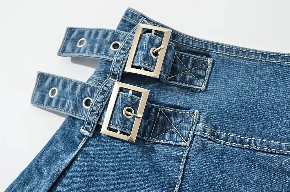 2025 Summer New TARUXY Denim Y2k Skirt with Pleats and Belt 90s E-girl Korean Skirts For Women High Street Jeans Short Bottom