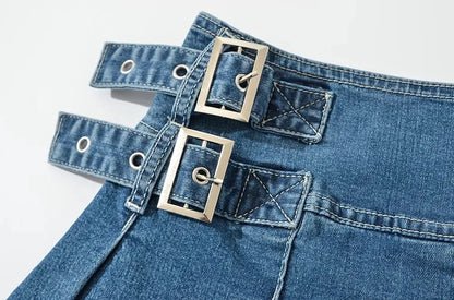 2025 Summer New TARUXY Denim Y2k Skirt with Pleats and Belt 90s E-girl Korean Skirts For Women High Street Jeans Short Bottom