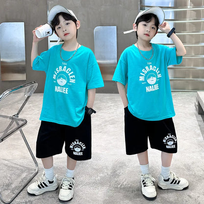 Summer Boys Cotton Leisure Print T-Shirt Top+Shorts Pant Contrast Set School Kids 2PCS Tracksuit Children Vacation Outfit 5-16Yr