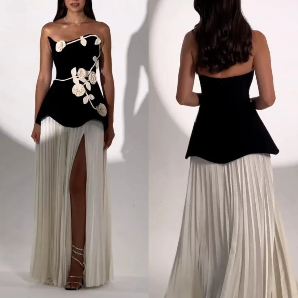 Elegant Evening Dresses Jersey Flowers Pleat Strapless A-line Long Dress Exquisite High Quality Prom Party Gown Women Customized