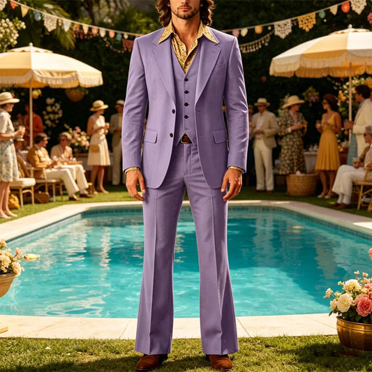 Retro Men's Linen 3 Piece Notch Lapel 2 buttons Jacket Flared Trouser Breathable Elastic for Casual Beach Wedding Groom Tuxedo