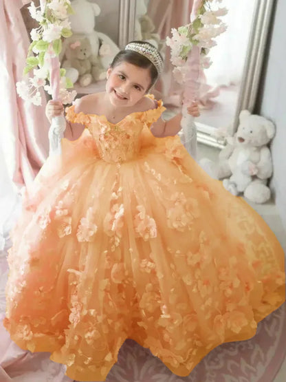Pink 3d Applique Flower Girl Dress For Wedding Off Shoulder Luxurious Pearls Tulle Child First Eucharistic Birthday Party Dress