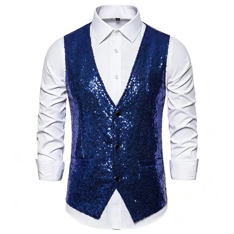 Shiny Sequin Men's V Neck Vest Single Breasted Suit Gilet Waistcoat for Wedding Prom Party Club Nightclub DJ Stage Performance