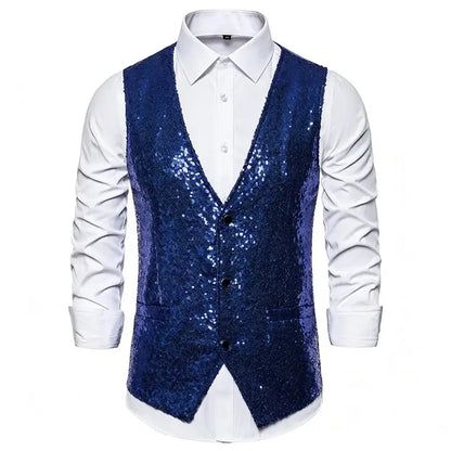 Shiny Sequin Men's V Neck Vest Single Breasted Suit Gilet Waistcoat for Wedding Prom Party Club Nightclub DJ Stage Performance