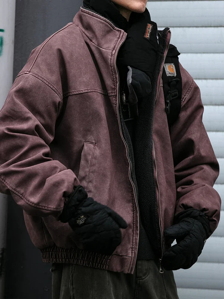 Winter Heavyweight Mens Jacket Japanese Vintage PU Coated Windproof Thick Fleece Lined Warm Distressed Streetwear Long Coat Male