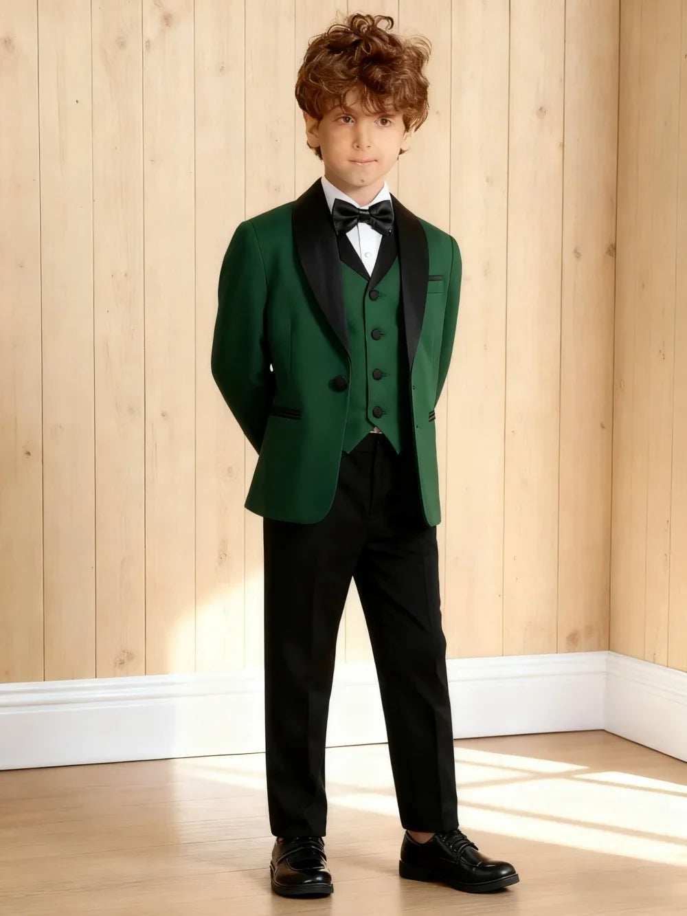 Hot Selling Stylish Emerald Green Boys Formal Suit Set 3-14 Years 4 Piece Kids Wedding Tuxedo Blazer Vest Pants Bow Tie
