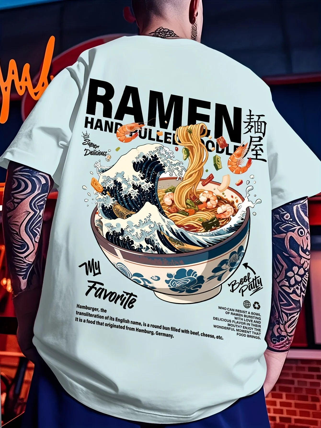 Men New Summer Casual Street Style T-shirt Japanese Waves Ramen Pattern Suitable for Daily Wear 100% Pure Cotton Soft Material