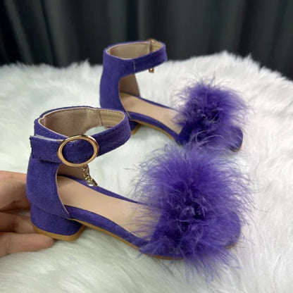 New Girls Low-heels Sandals Summer Fluffy Kids Princess Catwalk Shoes Open-toe Versatile Children Fashion Wedding Party Sandals