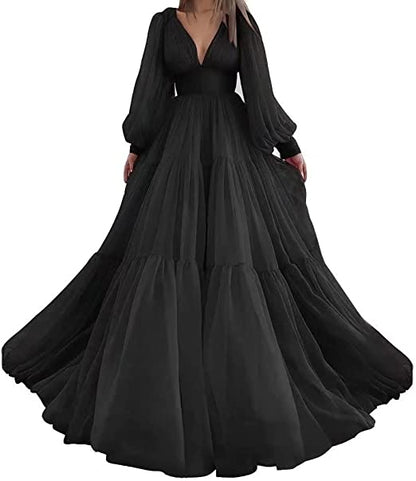 Pleat Tulle Princess Prom Gown V-Neck Long Puff Sleeve Plus Size Evening Gown Elegant Dress Women for Wedding Party