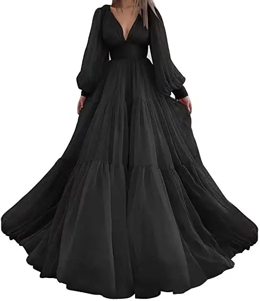 Pleat Tulle Princess Prom Gown V-Neck Long Puff Sleeve Plus Size Evening Gown Elegant Dress Women for Wedding Party