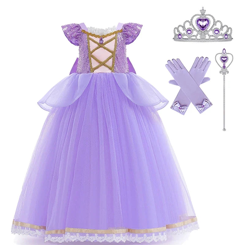 Princess Dress Girl Purple Deluxe Elegant Cosplay Tangled Costume Halloween Vestido Kids Birthday Ball Gown Clothes