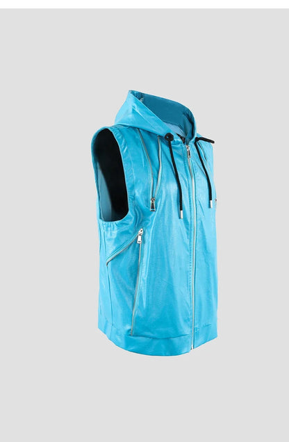 Spring Autumn Luxury Elegant Cool Black Pu Leather Vest for Men with Hood Zipper Sleeveless Jacket Men Clothing 2023