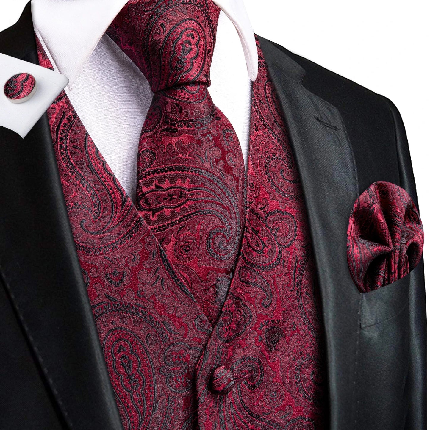 Men Vest Tie Elegant Solid Dress Sleeveless Jacket 4PC Hanky Cufflink Paisley Suit Waistcoat Wedding Gift Hi-Tie