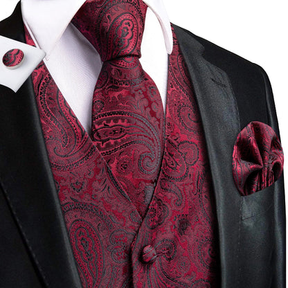 Men Vest Tie Elegant Solid Dress Sleeveless Jacket 4PC Hanky Cufflink Paisley Suit Waistcoat Wedding Gift Hi-Tie