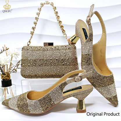 Gold Color Elegant Women Heels Shoes and Bag Set Hollow Rhinestones  High Heels Wedges Shoes Matching Bag