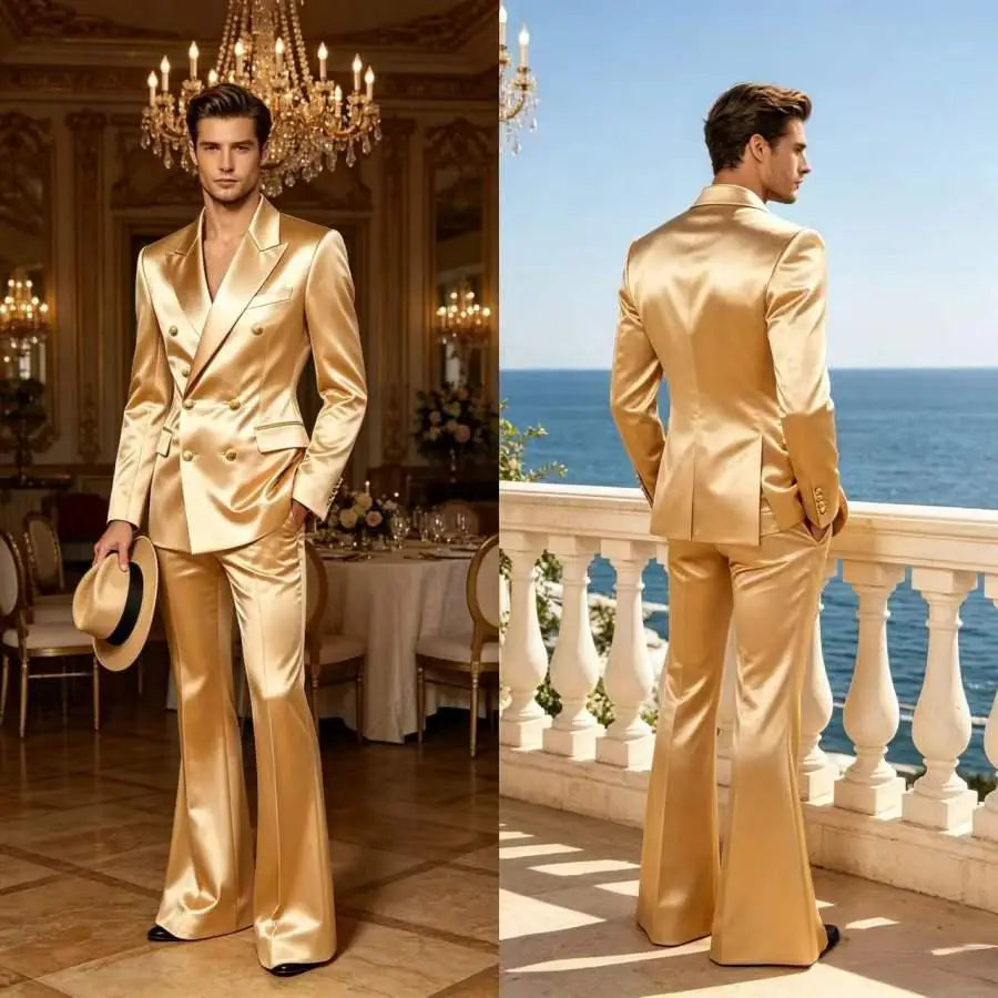 Men's Double Breasted Satin Suit Set 2 Piece Notch Lapel Gold Button Blazer Flare Pants Formal Wedding Prom Party Groom Outfit
