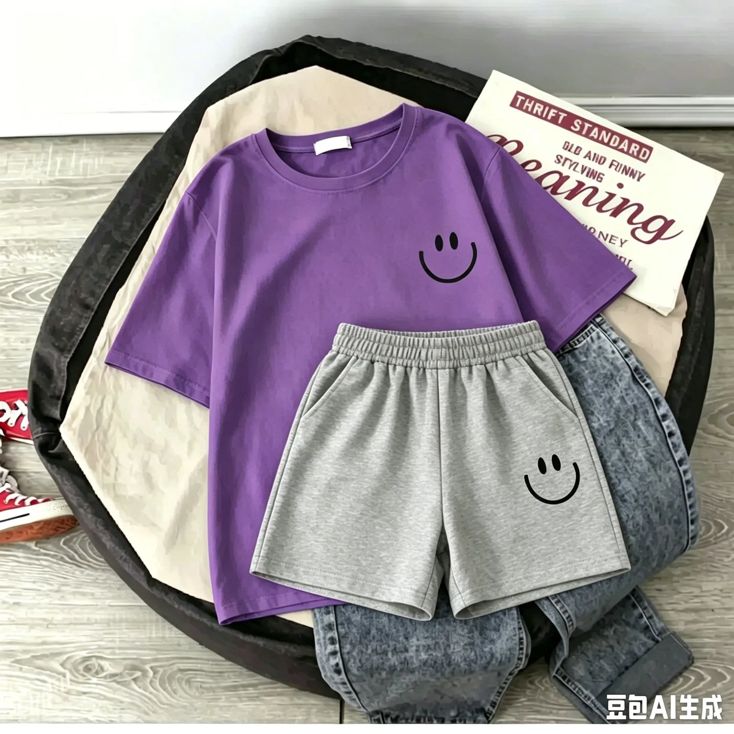 2026 New Summer Smiling Face Print Kids T-shirt Set Short-sleeved Pure Cotton Loose Basic Versatile Cool Simple Kids Outfit Tops