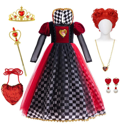 Girls Halloween Party Cosplay Red Queen Gown Clothes Kids Witch Long Sleeves Carnival Outfits Children Masquerade Fancy Costumes