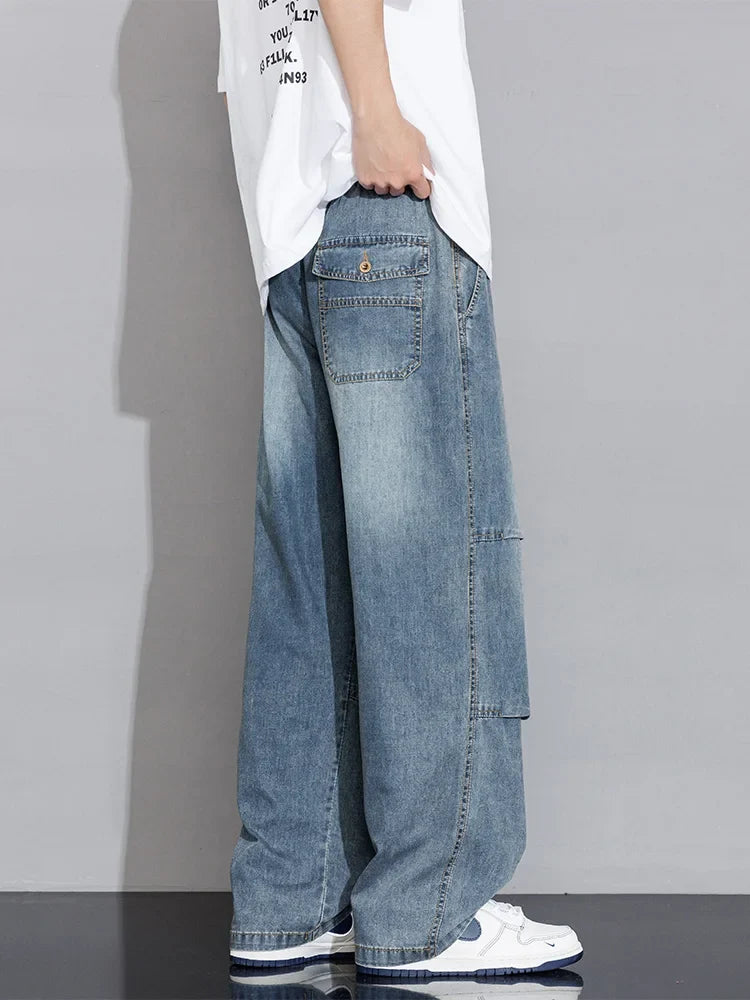 Men's Cargo Jeans 2026 New Spring Summer Wide Leg Denim Pants Straight Baggy Jeans Asian Size L-5XL