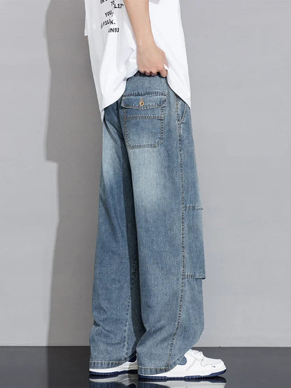 Men's Cargo Jeans 2026 New Spring Summer Wide Leg Denim Pants Straight Baggy Jeans Asian Size L-5XL