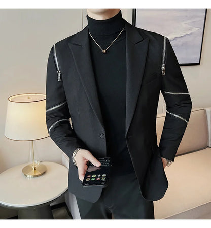 2024 Autumn New Zipper Decoration Blazer Men Casual Slim Fit Business Dress Coats Homme Formal Social Prom Tuxedo Men Clothing