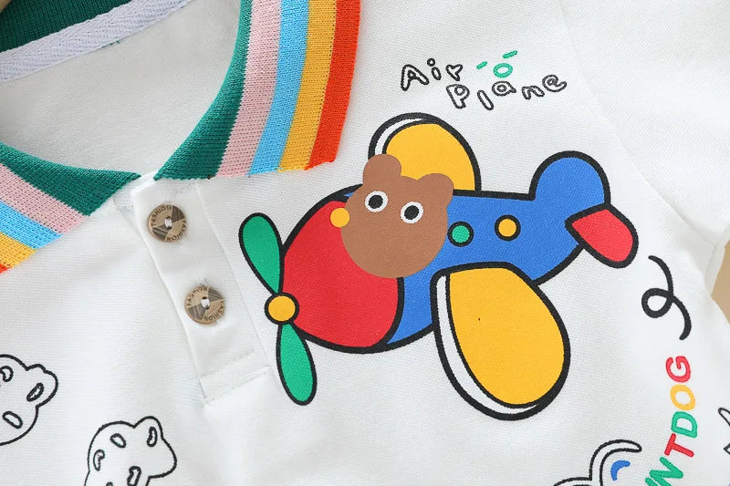 New Summer Suits for Baby Cartoon Print Kids Short Sleeve Letter Polo Shirts +denim Shorts Toddler Boy Casual Clothing Outfits