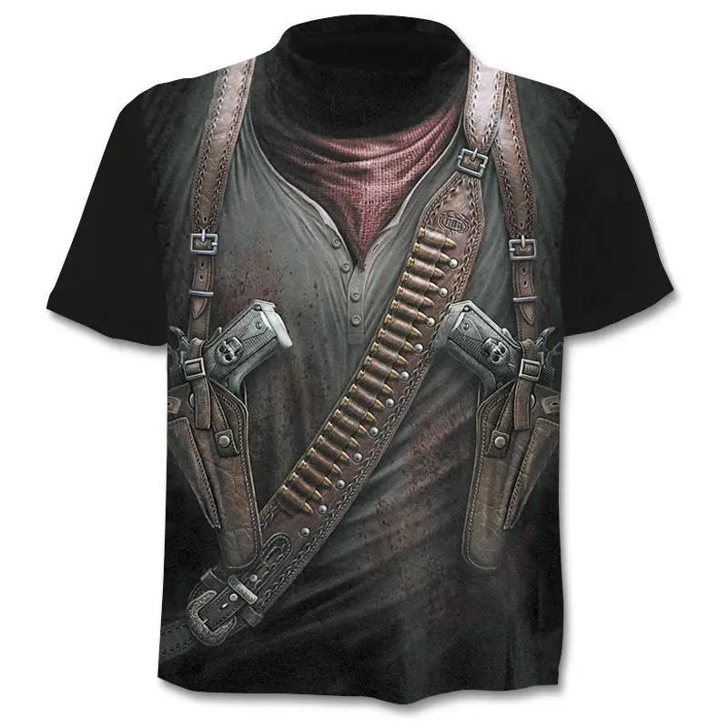 New retro street punk motorcycle men's T-shirt 3D shirt casual fashion hip-hop horror short sleeved round neck men's clothing