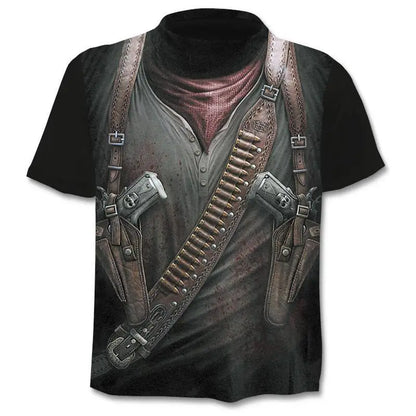 New retro street punk motorcycle men's T-shirt 3D shirt casual fashion hip-hop horror short sleeved round neck men's clothing