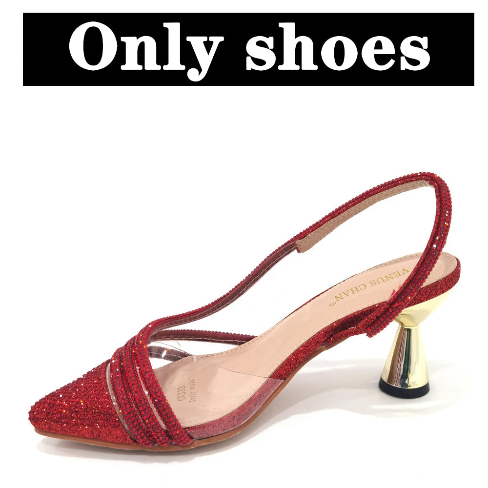 Italian Pointed Toe Wedding Shoes Gold Color Summer Sandal for Women 2023 High Heels Rhinestone Shoe and Bag Set