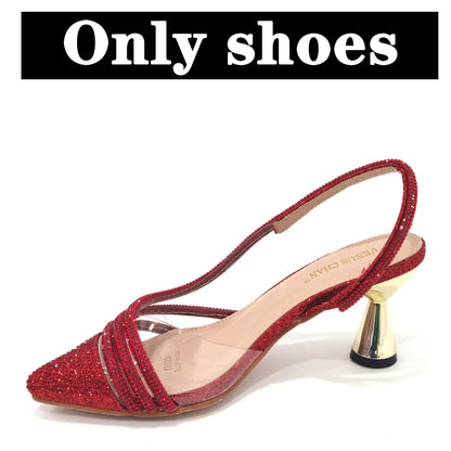 Italian Pointed Toe Wedding Shoes Gold Color Summer Sandal for Women 2023 High Heels Rhinestone Shoe and Bag Set
