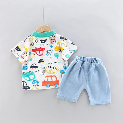 High-Quality Baby Boys Polo Shirt + Handsome Denim Shorts 2-Piece Set Children's Girls Clothing Summer